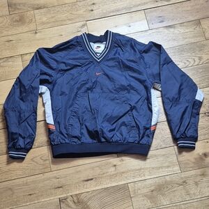 Vintage Nike Navy Blue Windbreaker Pullover with White and Orange Accents